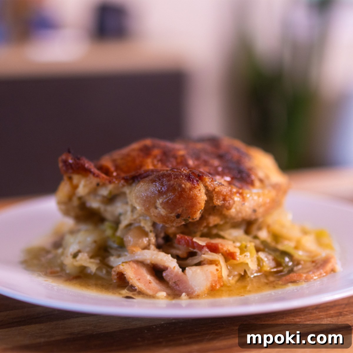 Wood-Fired Chicken with Golden Crispy Skin and Savory Braised Bacon Cabbage 1 featured 6271