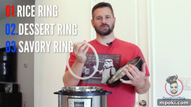 Five Best Instant Pot Secrets From a Dad 2 A hand holding the Instant Pot sealing ring, illustrating the importance of having multiple rings for different food types.