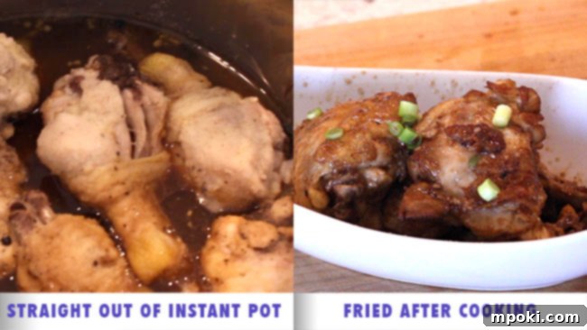 Five Best Instant Pot Secrets From a Dad 6 A side-by-side comparison image showing chicken adobo right after pressure cooking versus the same chicken after being reverse fried for a crispy, browned finish.