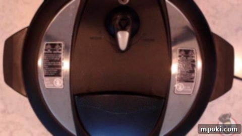 Top view of an Instant Pot lid with the steam release valve in the 'venting' position, indicating pressure release.