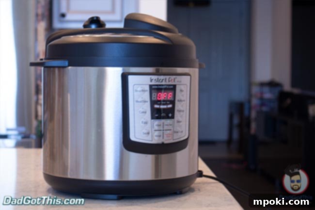 The exterior main unit of an Instant Pot electric pressure cooker.