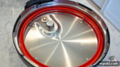 An Instant Pot lid on a counter with a red silicone sealing ring securely installed.