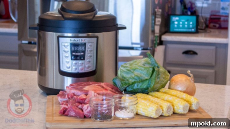 Easy Instant Pot Bulalo 3 An Instant Pot with the Ingredients for beef bulalo in front of it.