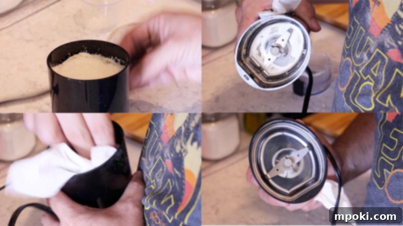 Spice Grinder Cleaning Made Easy 4 Collage of 4 pictures illustrating the spice grinder cleaning process