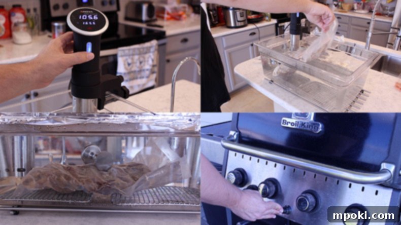 Sous Vide Spare Ribs: 12 or 24 Hours, Always Perfect 3 Collage of Steps to Make 24 Hour Sous Vide RIbs - Heating the water bath, vacuum sealed ribs in the bath, and ribs on a grill.