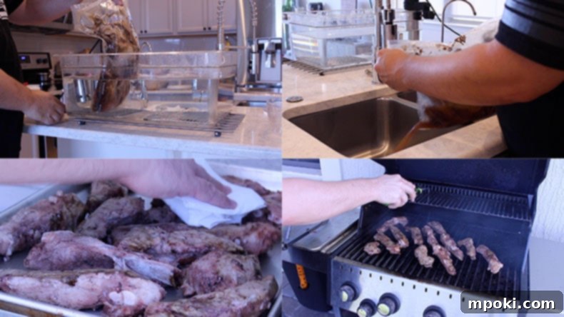 Sous Vide Spare Ribs: 12 or 24 Hours, Always Perfect 4 Collage of Steps to Make 24 Hour Sous Vide RIbs - Removing ribs from bag, patting dry, and preheating grill.