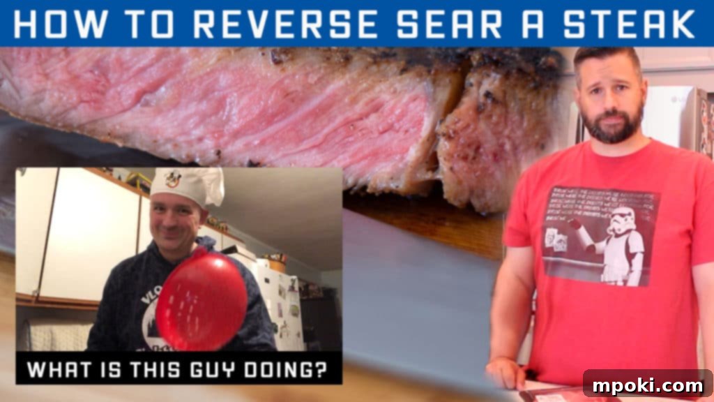 Unlocking Steak Perfection with Reverse Sear 11 Dad looking thoughtfully at a humorous image of a man holding a colander on his head, hinting at fun and approachable cooking content.