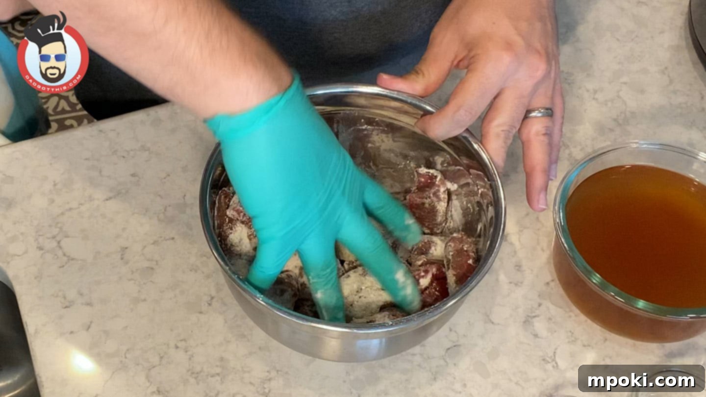 Quick and Creamy Instant Pot Beef Stroganoff 3 Seasoning beef for Instant Pot Beef Stroganoff with salt, pepper, garlic powder, and onion powder.