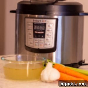 Homemade Instant Pot Chicken Broth 3 Freshly made chicken broth with ingredients.