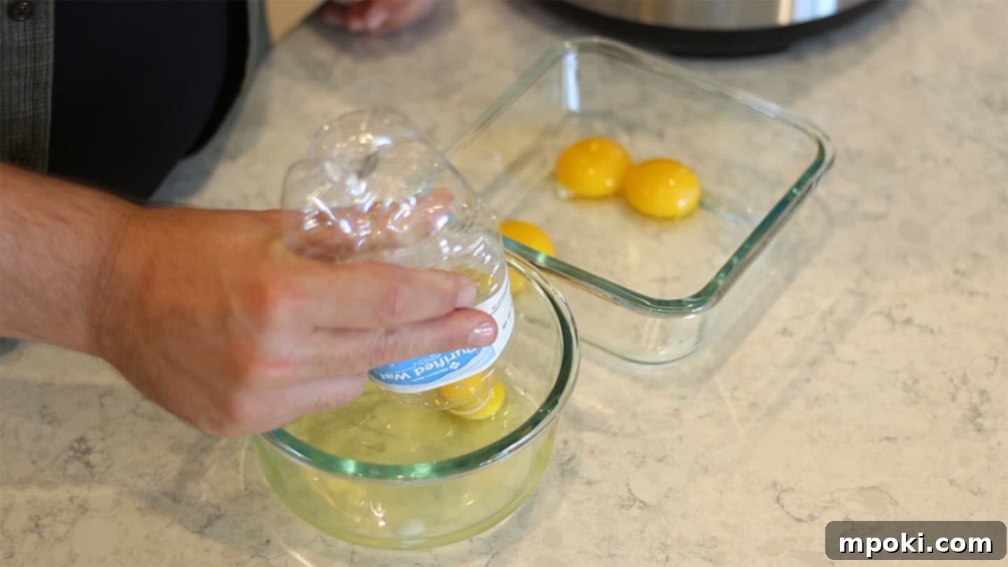 Authentic Leche Flan Quick Instant Pot Recipe 5 A hand demonstrating how to separate an egg yolk using a plastic water bottle, a clever kitchen hack for Leche Flan preparation.