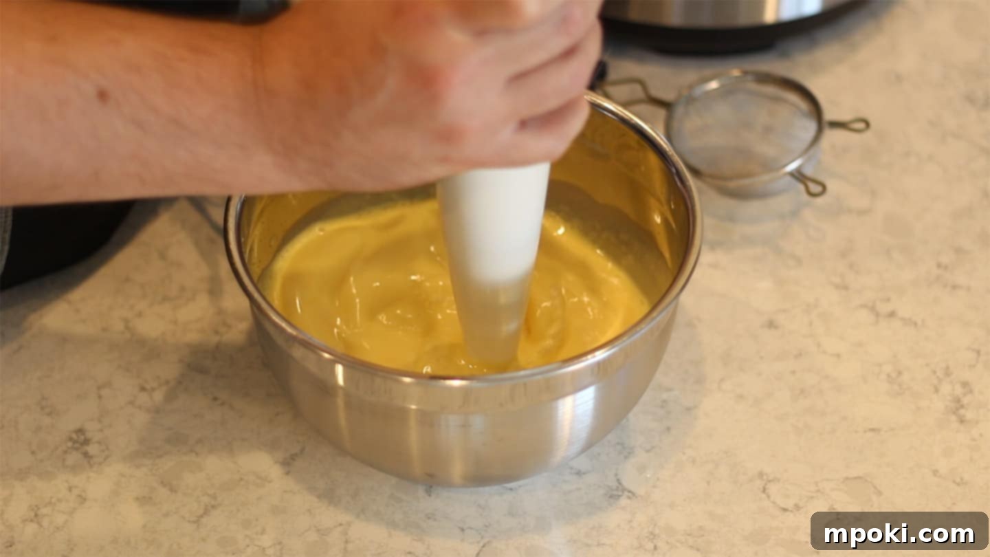 Authentic Leche Flan Quick Instant Pot Recipe 6 A hand using an immersion blender to mix the creamy custard ingredients for Leche Flan in a mixing bowl, creating a smooth mixture.