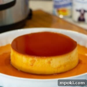Authentic Leche Flan Quick Instant Pot Recipe 9 A beautifully presented Leche Flan, creamy and golden with caramel, on a pristine white plate, showcasing a delectable Instant Pot dessert.