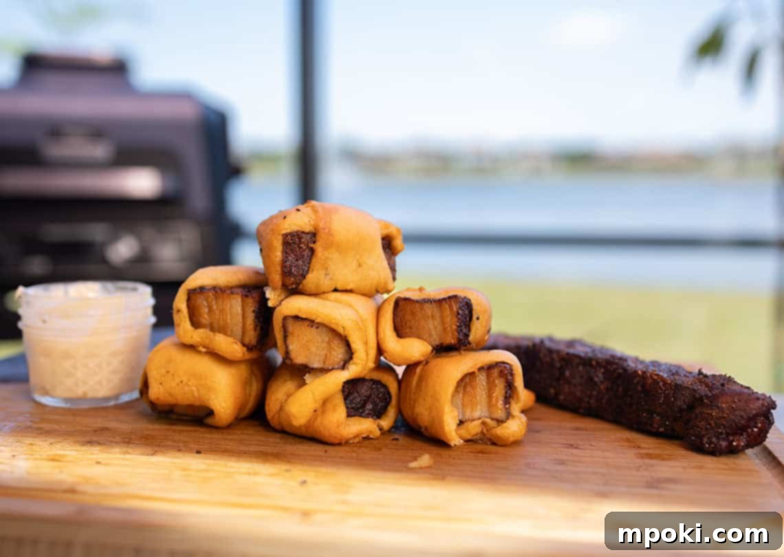 Crispy Ninja Woodfire Smoked Pork Belly Pigs in a Blanket 2 Irresistible Ninja Woodfire Smoked Pork Belly Pigs in a Blanket, glazed to perfection