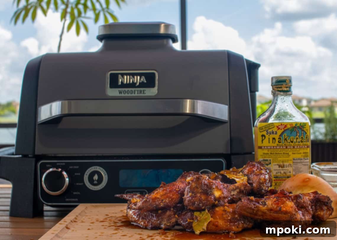 Ninja Woodfire Smoked Adobo Wings 2 Adobo Style Chicken Wings in front of a Ninja Woodfire Grill.