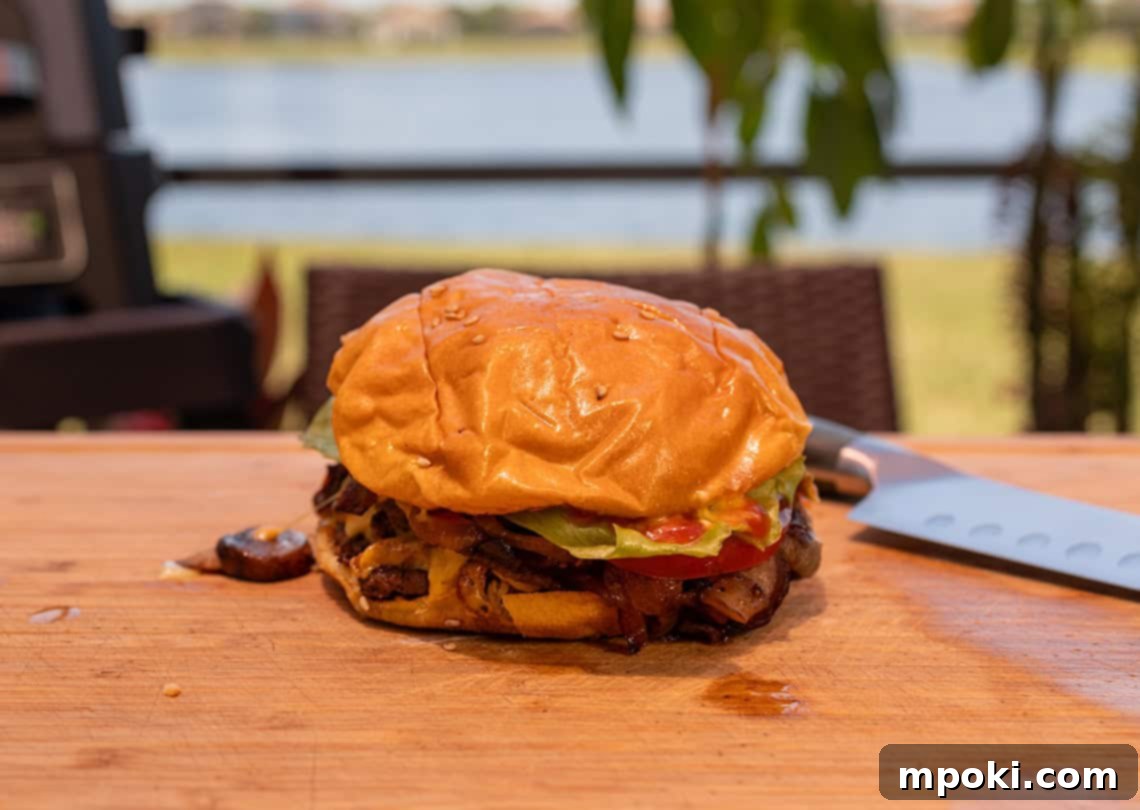 Five Guys Flavor Unleashed: Ninja Woodfire Grill Edition 2 A delicious homemade Five Guys Copycat Burger on a wooden cutting board, ready to eat.