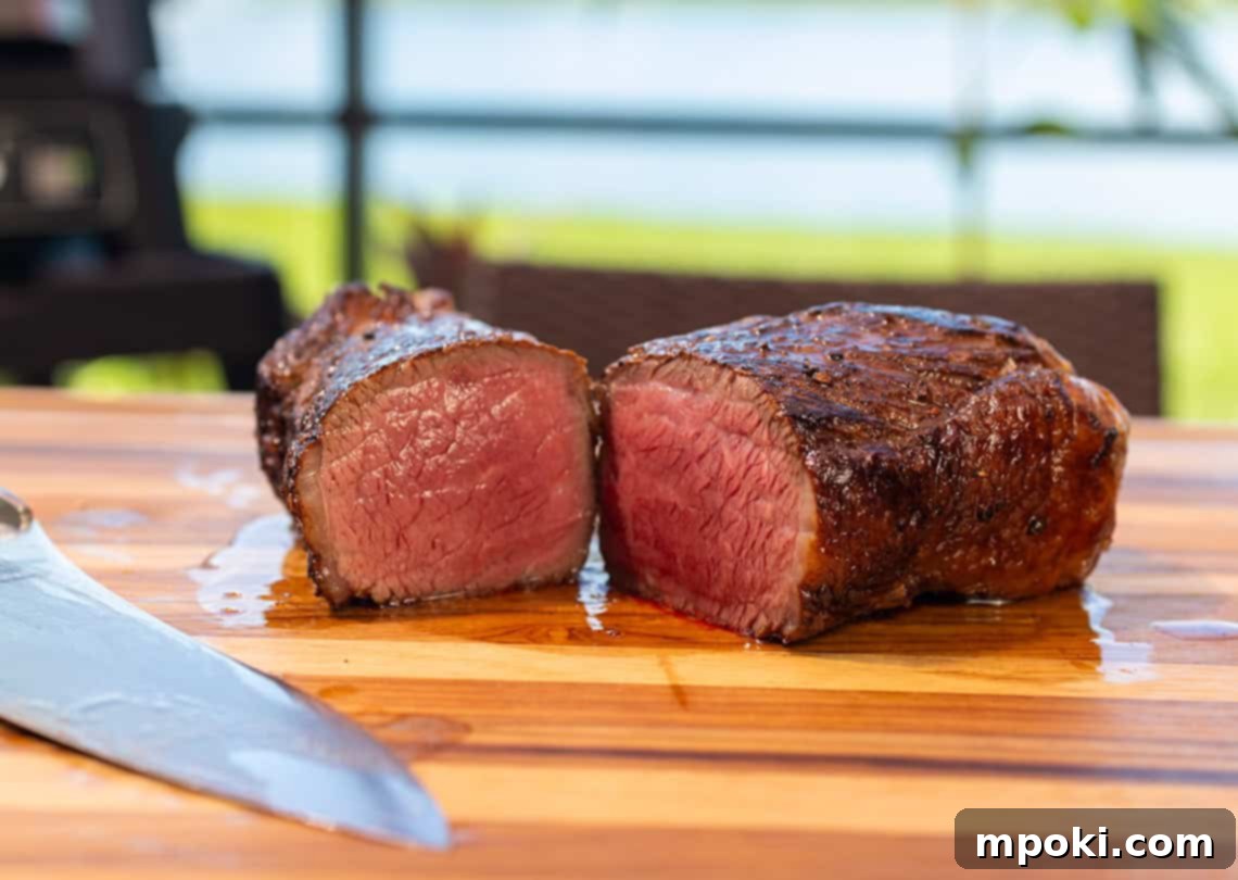 Ultimate Ninja Woodfire Smoked Picanha 2 Smoked Picanha Steak on a cutting board with Ninja Woodfire in the background.