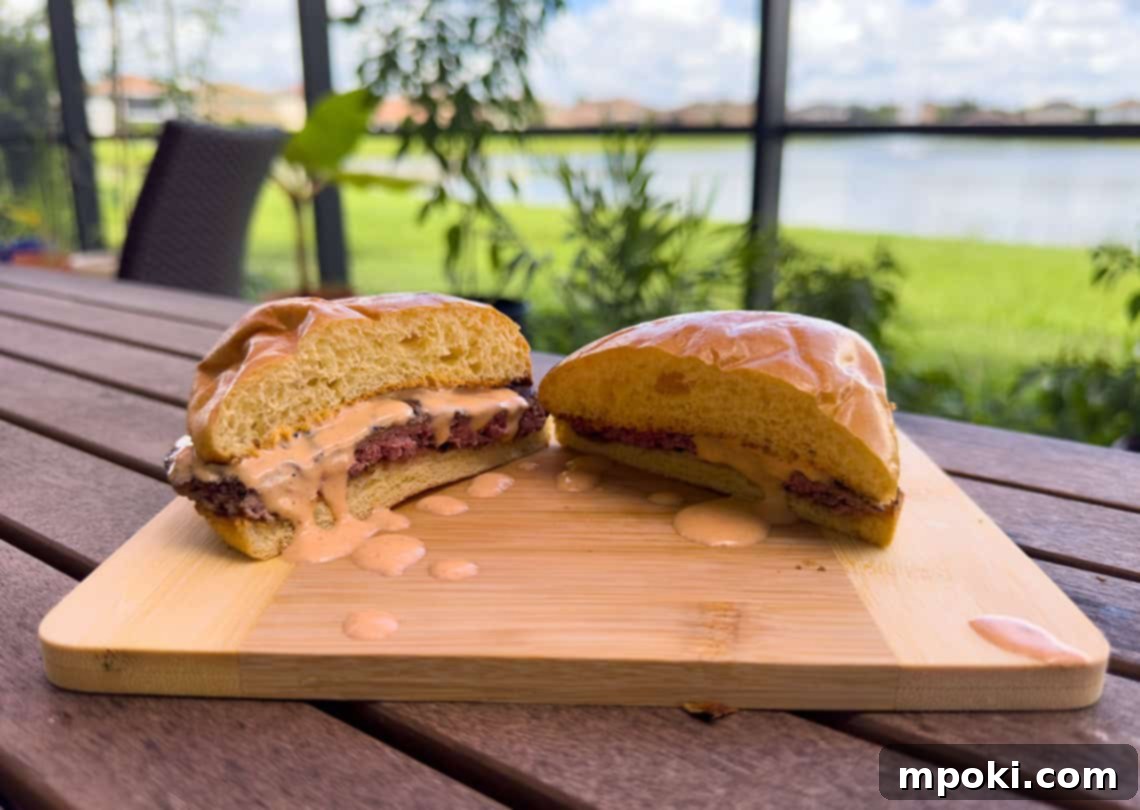 Untamed Bison Smashes with Hangrier Sauce 2 Bison Smash Burger with Spicy Mayo.