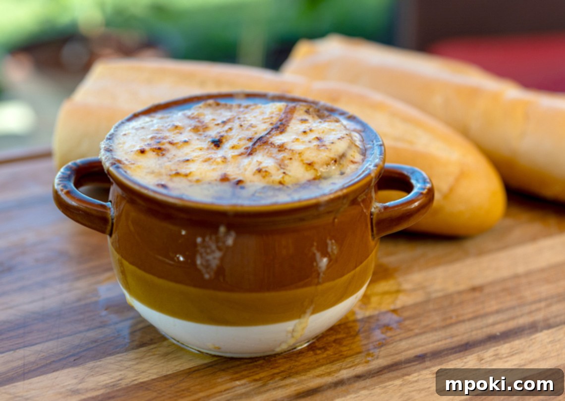 Fire-Kissed Onion Soup: The Ultimate Comfort Food Upgrade 2 Ninja Woodfire smoked onion soup. A hearty bowl of French onion soup with a golden, bubbly cheese crust, garnished with fresh herbs, signifying the unique smoky twist.