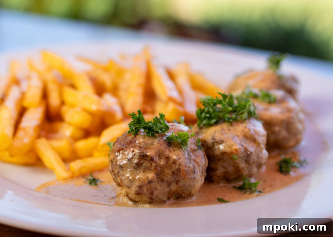 Rustic Woodfire Smoked Swedish Meatballs 2 Irresistible Smoked Swedish Meatballs served with creamy gravy and fresh dill garnish, ready to be enjoyed.