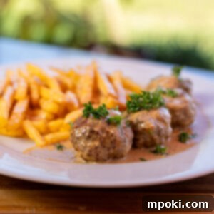 Rustic Woodfire Smoked Swedish Meatballs 3 Close-up of a perfectly cooked smoked Swedish meatball with creamy gravy