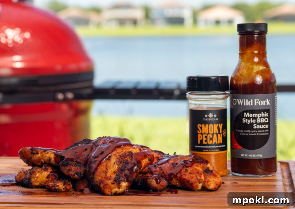 Wild Fork Smoky Pecan Chicken Thighs on a grill, looking perfectly charred and delicious.