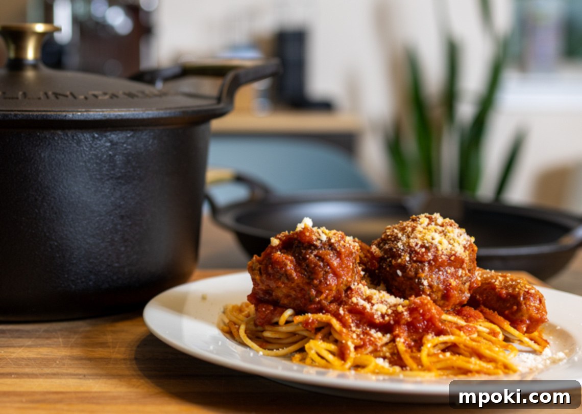 A Mother's Sunday Simmer 2 A vibrant pot of homemade Sunday Sauce simmering with meatballs and sausage, ready to be served over pasta.