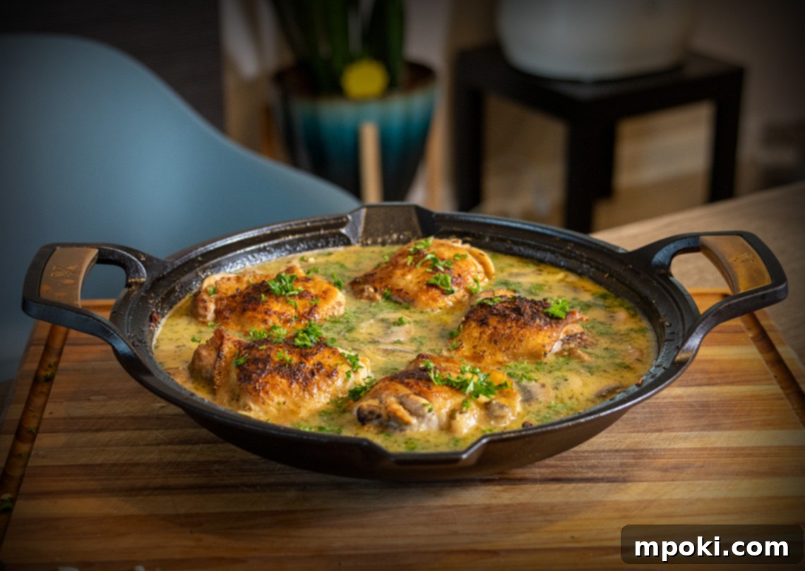 Golden Skillet Chicken Thighs with Forest Mushroom Sauce 2 cast iron chicken and mushrooms