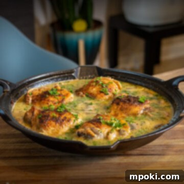 Golden Skillet Chicken Thighs with Forest Mushroom Sauce 3 cast iron chicken and mushrooms