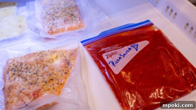 Effortless 10 Minute Pizza Sauce Recipe Video 3 Pizza sauce frozen in a bag laid flat in a freezer